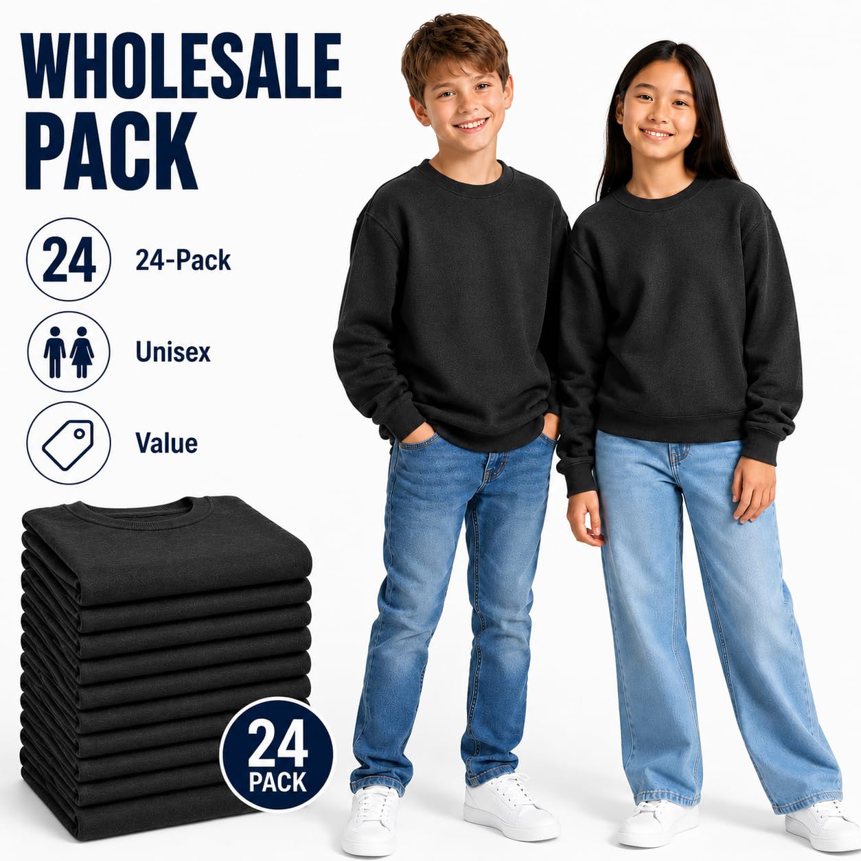 BILLIONHATS 24 Pack Charcoal Gray Kids Crewneck Sweatshirts, Bulk Youth Fleece Pullover Sweatshirt, Wholesale Children’s Crew Neck Sweaters Boys Girls (Medium)
