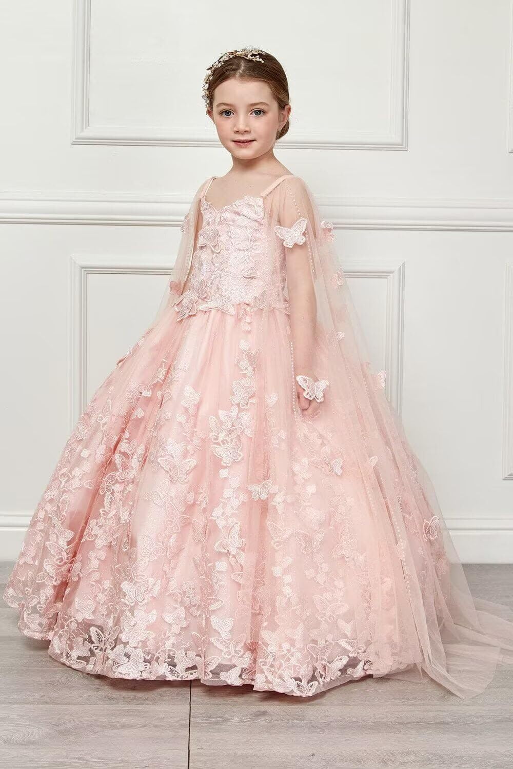 3D Butterfly Flower Girl Dresses with Detachable Cape Spaghetti Strap Girls Pageant Dress Beaded Kids Ball Gown for Girls CT38-10