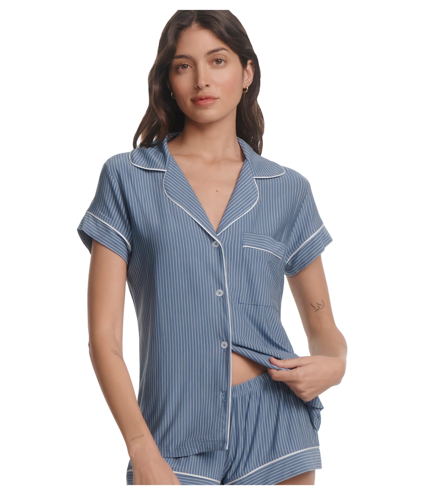 Eberjey, Women's, Gisele Printed TENCEL™ Modal Shorties PJ Set, Duo Stripe Slate Blue/Ivory, Medium