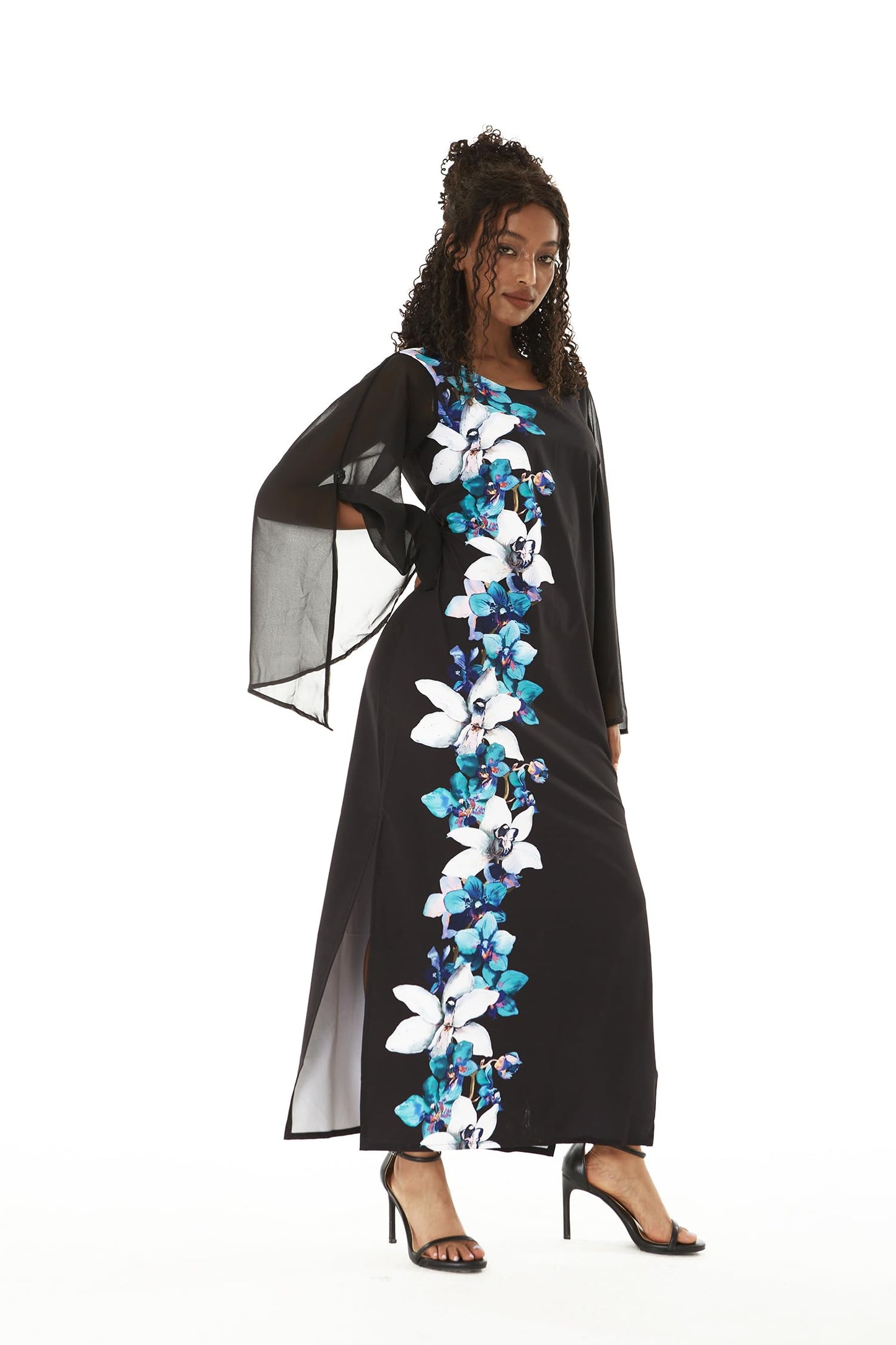 Matchable Family Hawaiian Luau Maxi Tank Dress, Watercolor Orchid Black Turquoise, Women, Large
