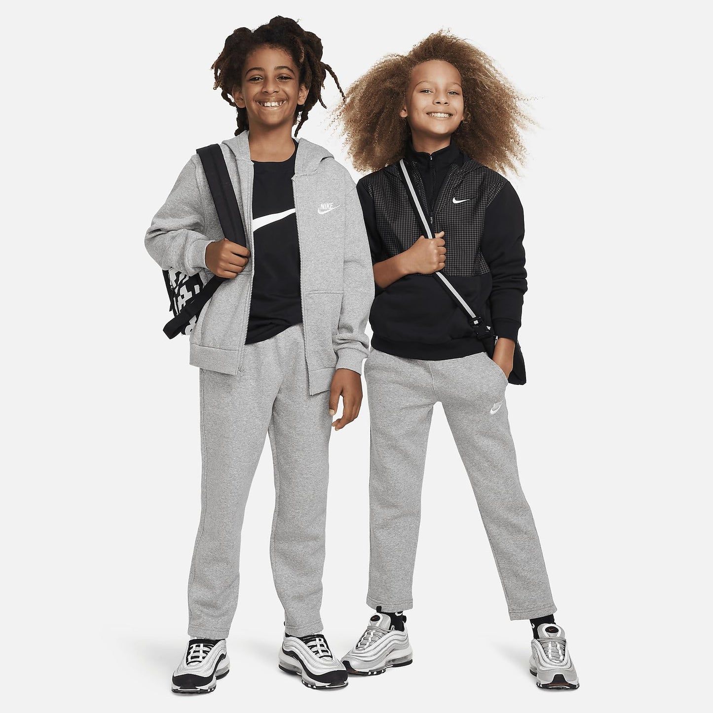 Nike Sportswear Club Fleece Big Kids' Open-Hem Pants (FD3010-063, Dark Grey Heather/Base Grey/White) Size Large