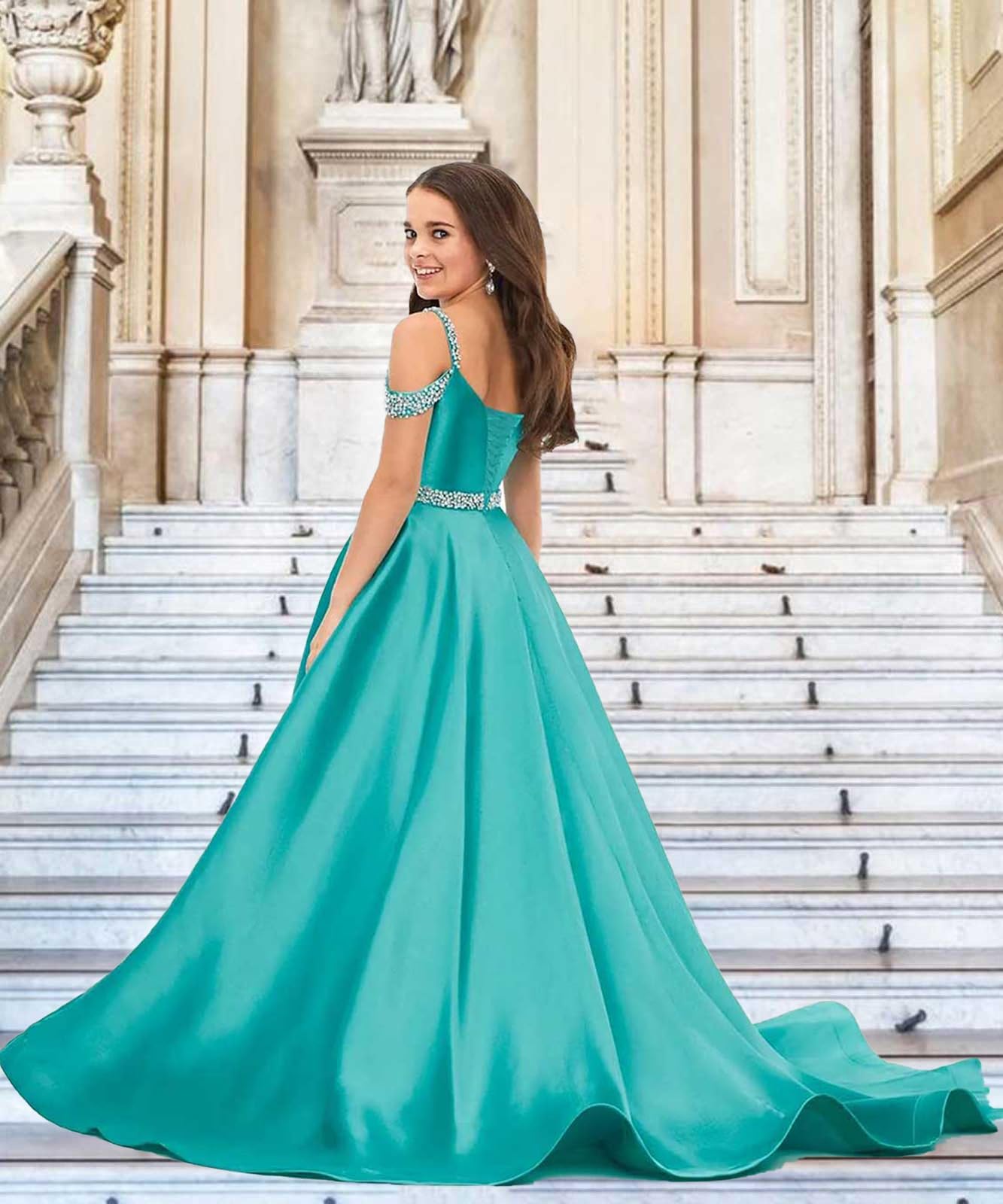 Jirocum Flower Girls Satin Rhinestone Pageant Dresses Princess A Line Floor Length Formal Wedding Party Communion Gowns,Jade Blue,2