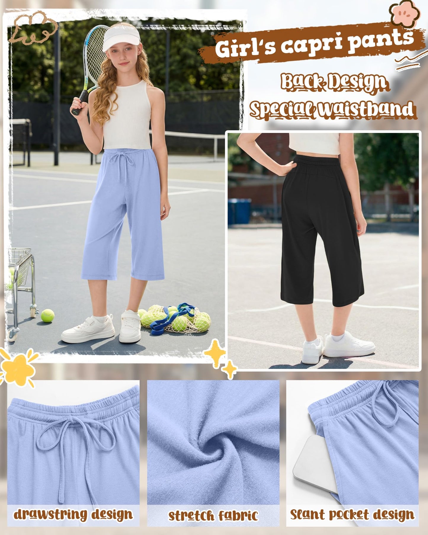 Langyiwee 3 Pack Girls Capris Summer Capri Pants 5-16 Years Wide Leg Elastic Waist Cropped Pants Loose Sweatpants with Pocket(13-14 Years,Sky Blue, Light Gray, Black)