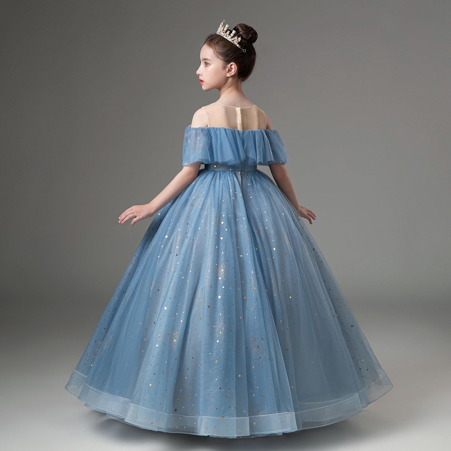 Flower Girls Dresses Blue Sparkly Sequin Birthday Dress Princess for Shoulder Elegant Little Girl Wedding Off Pageant Ball Gown 7-8 Years