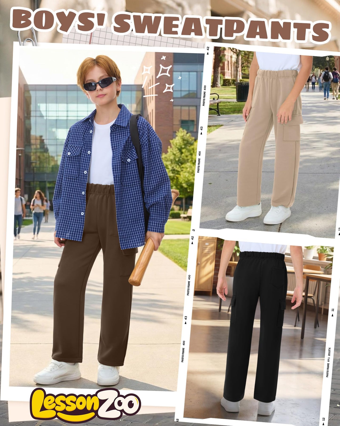LessonZoo 3 Pack Boys Cargo Sweatpants Kids Pull-On Elastic Waist Open Bottom Teens Active Casual Baggy Pants with 4 Pockets(Apricot, Coffee, Black,12-13 Years)