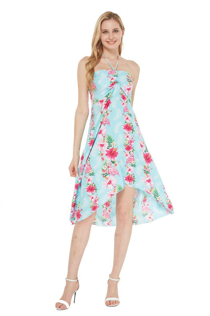 Matchable Family Hawaiian Luau Halter Dress, Pink Hibiscus Vine Turquoise, Women, Medium