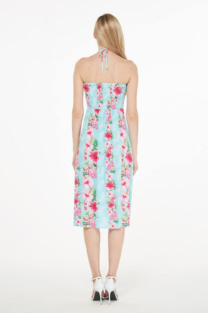 Matchable Family Hawaiian Luau Halter Dress, Pink Hibiscus Vine Turquoise, Women, Medium