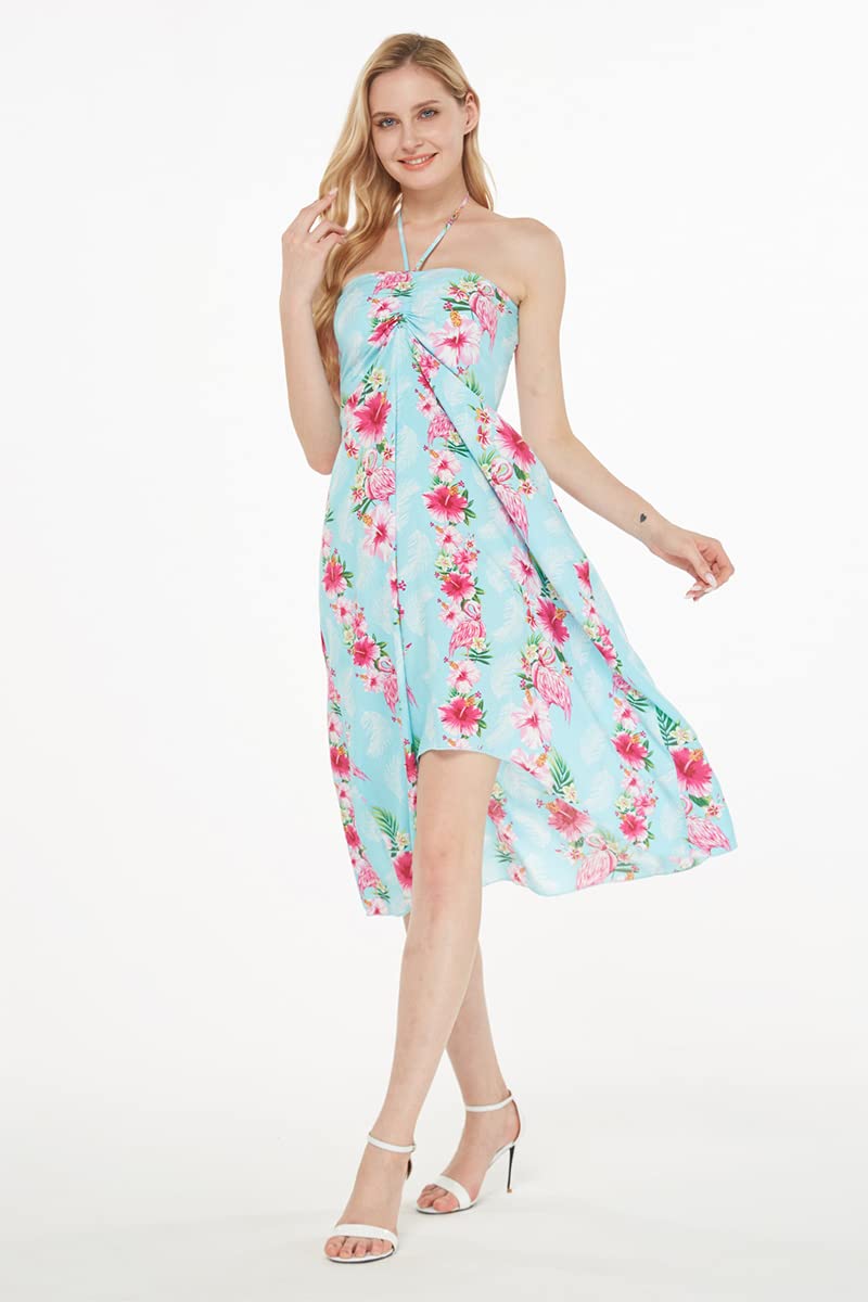 Matchable Family Hawaiian Luau Halter Dress, Pink Hibiscus Vine Turquoise, Women, Medium