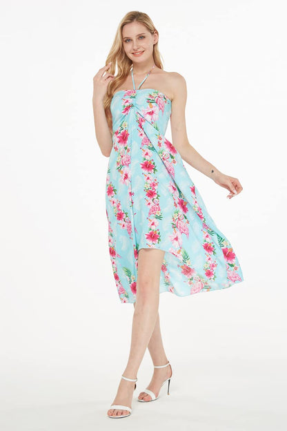 Matchable Family Hawaiian Luau Halter Dress, Pink Hibiscus Vine Turquoise, Women, Medium