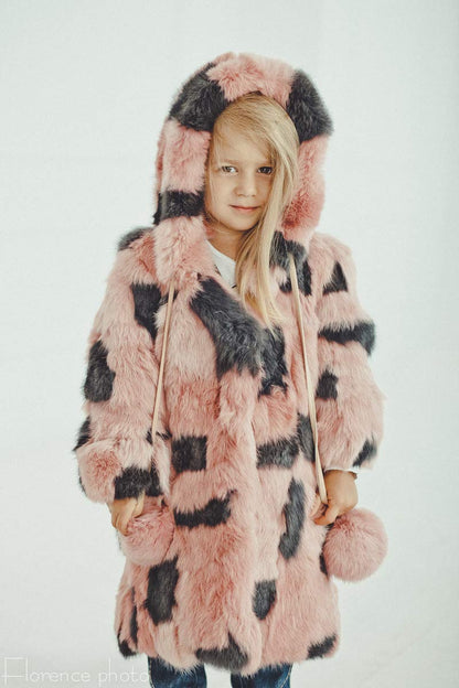 Rabbit Fur Coat for Girls Toddler Winter Jacket Windbreaker for Boys and Girls (Pink/Gray)