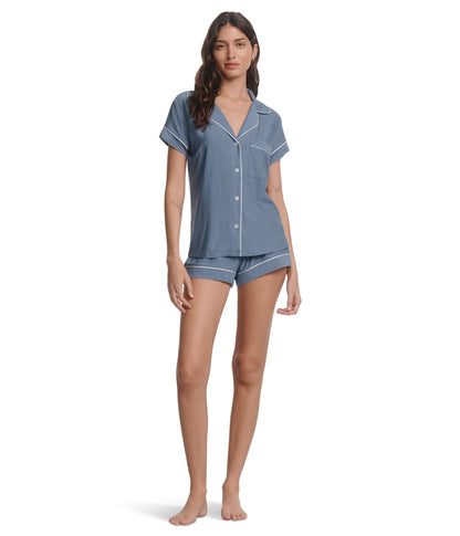 Eberjey, Women's, Gisele Printed TENCEL™ Modal Shorties PJ Set, Duo Stripe Slate Blue/Ivory, Medium