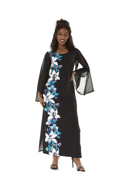 Matchable Family Hawaiian Luau Maxi Tank Dress, Watercolor Orchid Black Turquoise, Women, Large