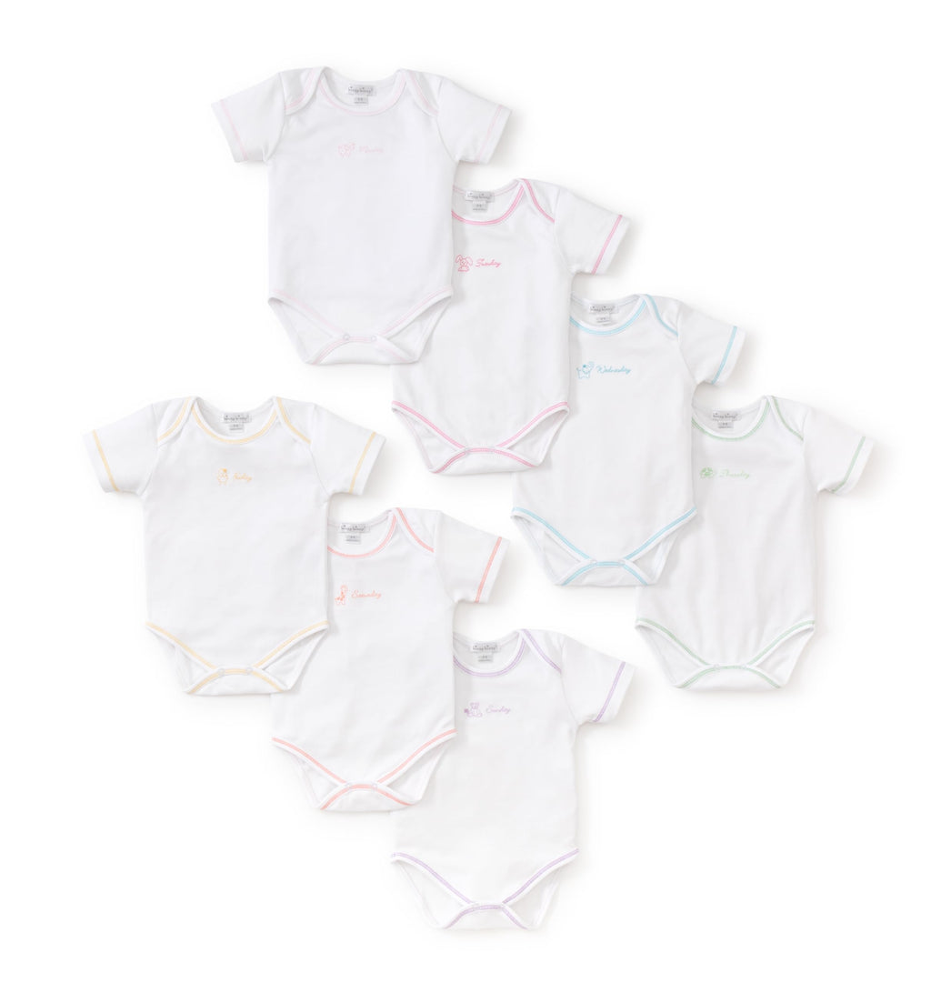 kissy kissy Baby Girls Days of The Week Short Sleeve 7-Pack of Bodysuits Bodysuit in Giftable Tulle Bag, Girl English, 0-3 Months