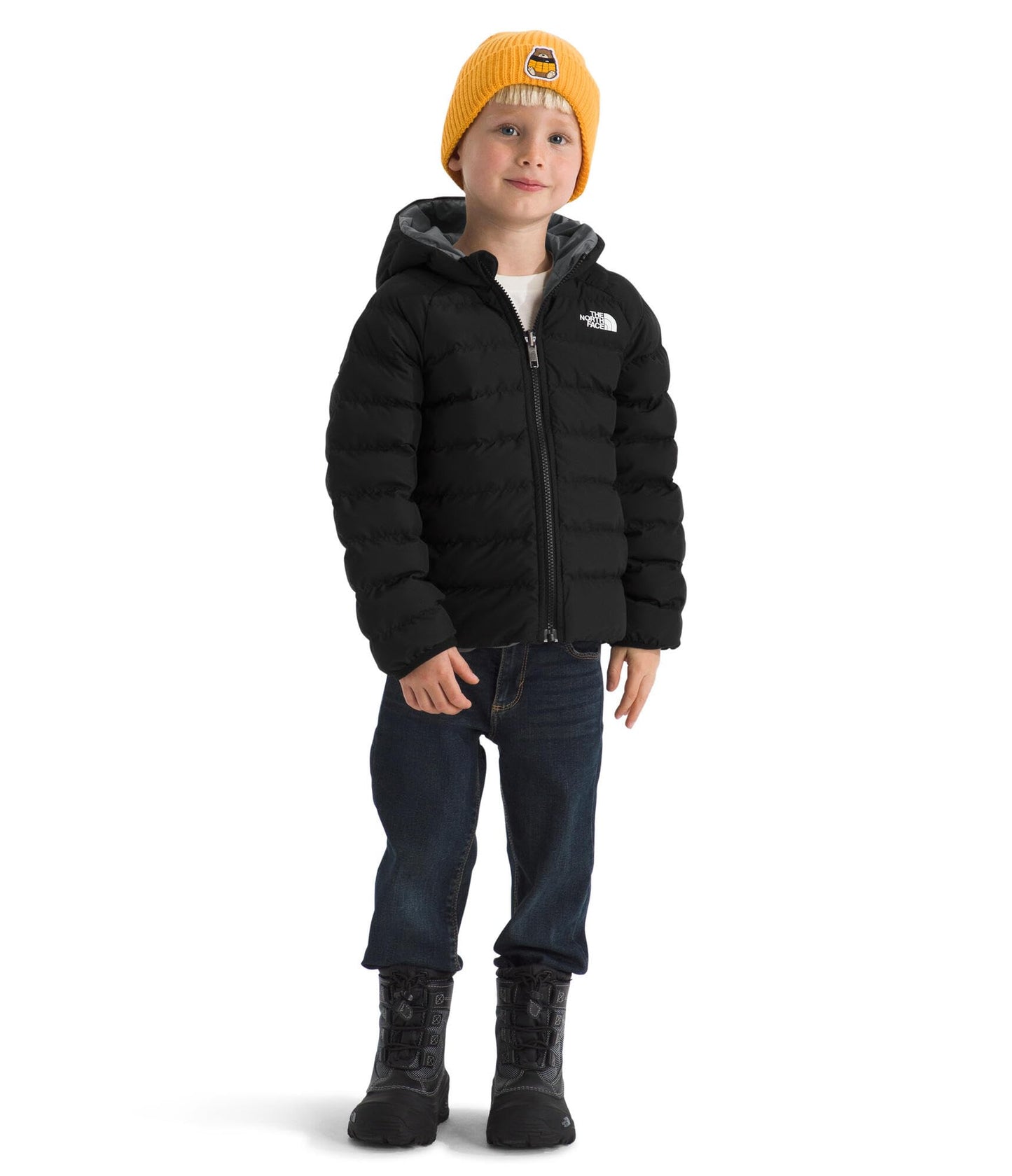 The North Face Kids' Reversible Perrito Insulated Hooded Jacket - 2 in 1 Winter Coat, Lightweight & Water Repellent, TNF Black/Smoked Pearl, 4