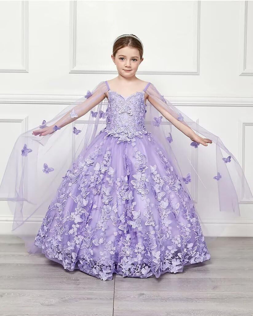 3D Butterfly Flower Girl Dresses with Detachable Cape Spaghetti Strap Girls Pageant Dress Beaded Kids Ball Gown for Girls CT38-10