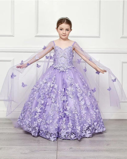 3D Butterfly Flower Girl Dresses with Detachable Cape Spaghetti Strap Girls Pageant Dress Beaded Kids Ball Gown for Girls CT38-10