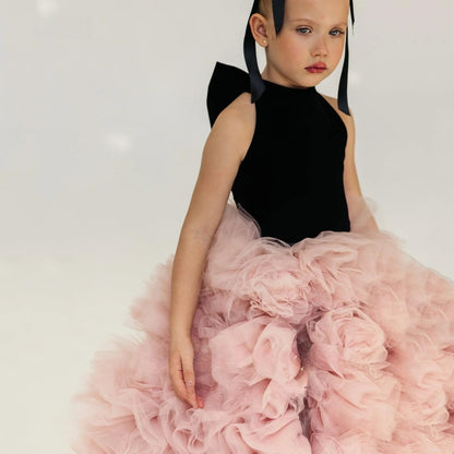 Dinjicun Tulle Flower Girls Dress High Neck A Line Ball Gowns Princess 3D Flowers Kid Birthday Party Dresses