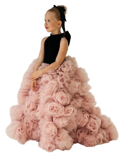 Dinjicun Tulle Flower Girls Dress High Neck A Line Ball Gowns Princess 3D Flowers Kid Birthday Party Dresses