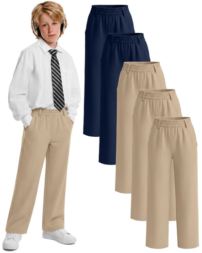 Vinsatin 5 Pack Boys' School Uniform Pants Elastic Waist Pull-On Relaxed Fit Pants Kid Teen Stretch Sweatpants with Pockets(9-10 Years,Khaki, Navy Blue)