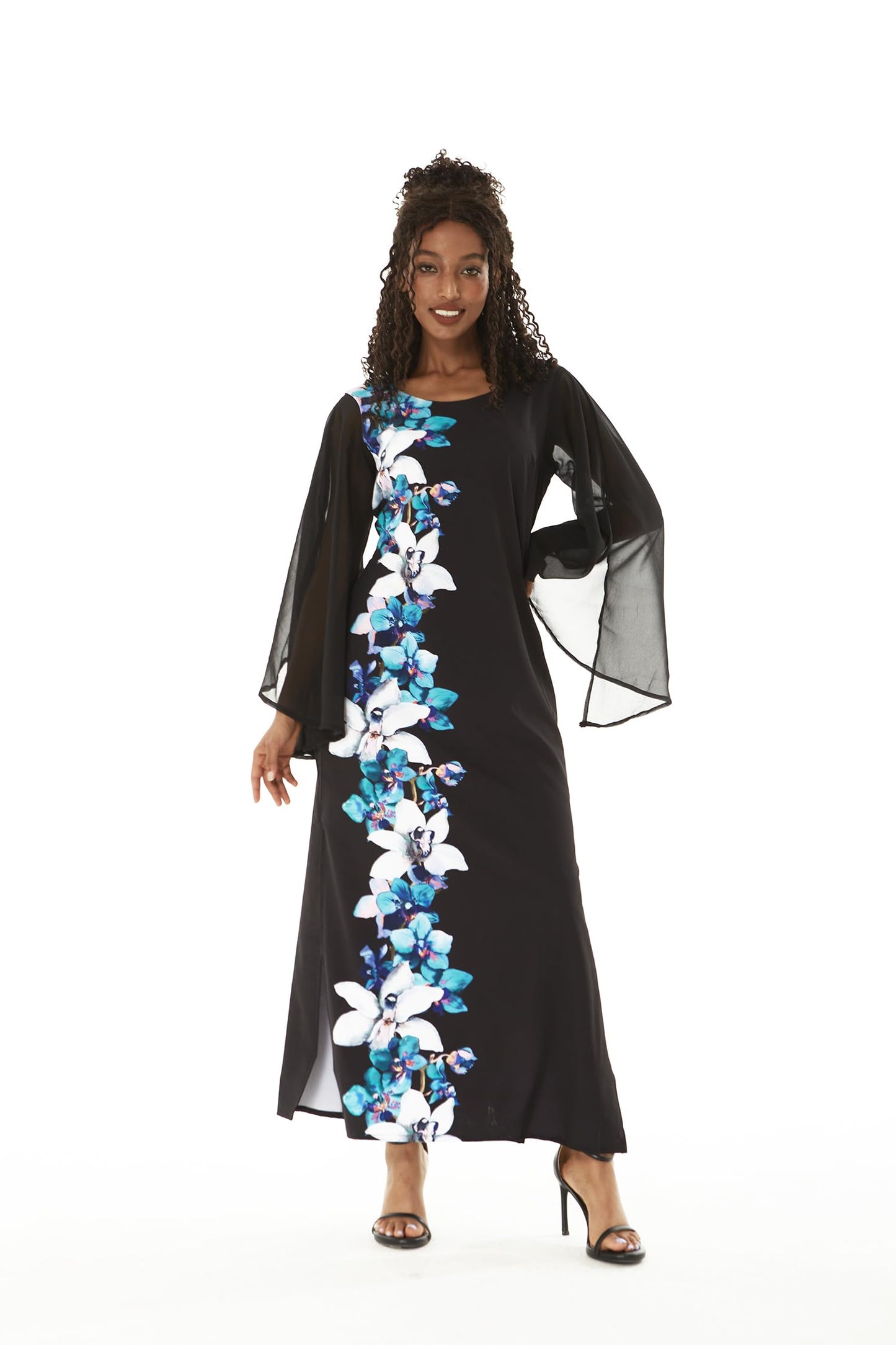 Matchable Family Hawaiian Luau Maxi Tank Dress, Watercolor Orchid Black Turquoise, Women, Large