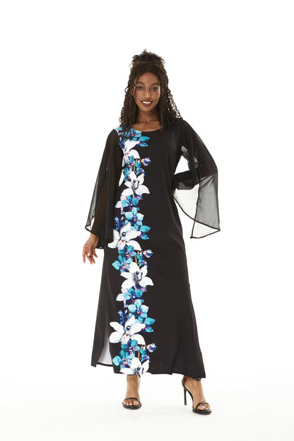 Matchable Family Hawaiian Luau Maxi Tank Dress, Watercolor Orchid Black Turquoise, Women, Large