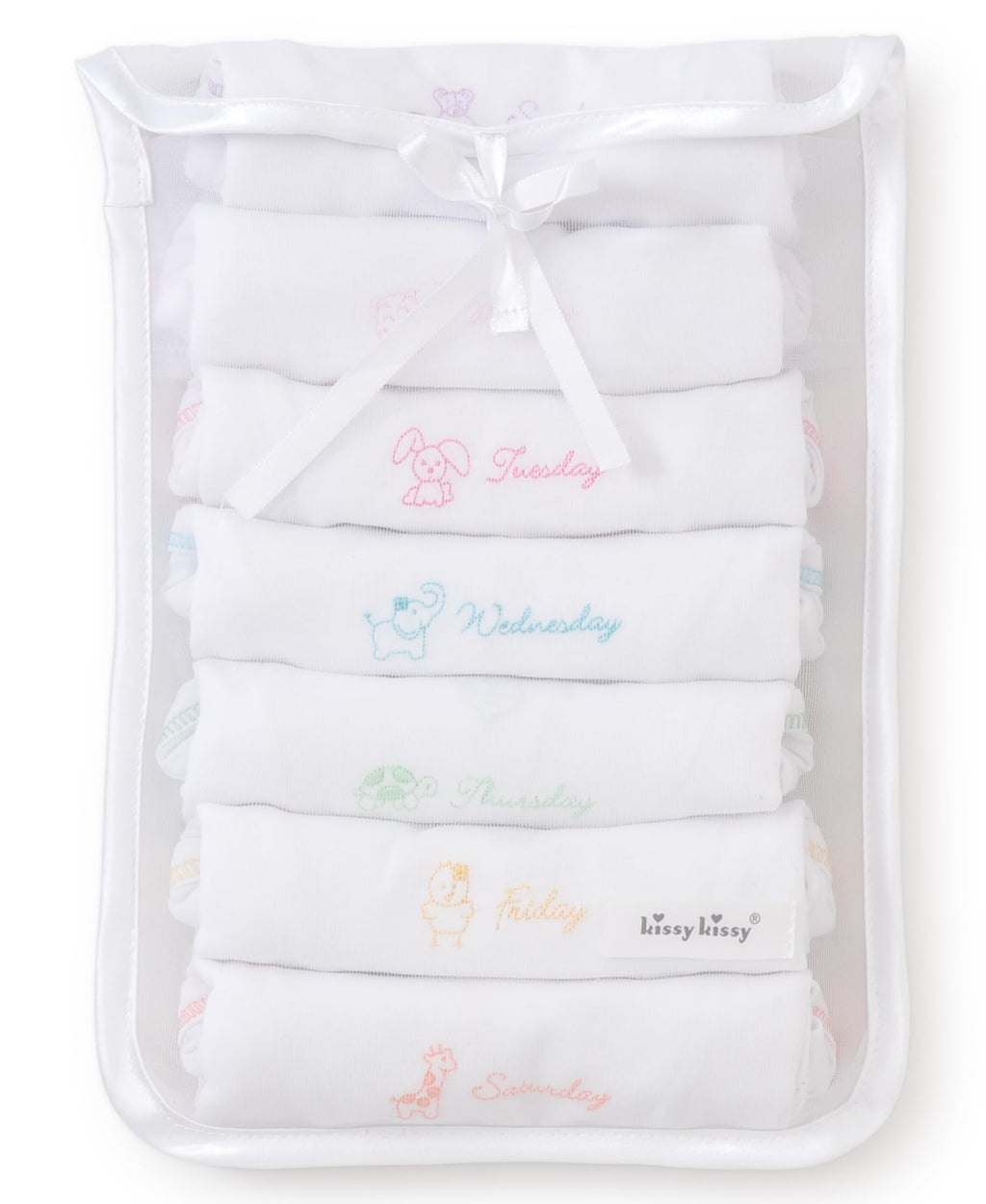 kissy kissy Baby Girls Days of The Week Short Sleeve 7-Pack of Bodysuits Bodysuit in Giftable Tulle Bag, Girl English, 0-3 Months