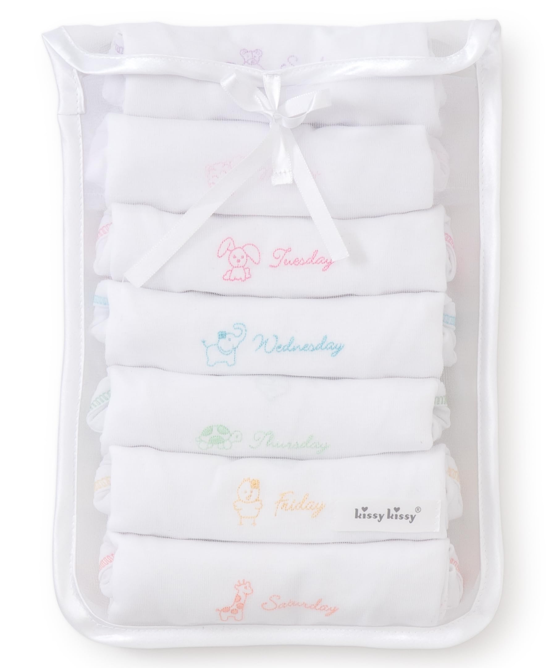 kissy kissy Baby Girls Days of The Week Short Sleeve 7-Pack of Bodysuits Bodysuit in Giftable Tulle Bag, Girl English, 0-3 Months