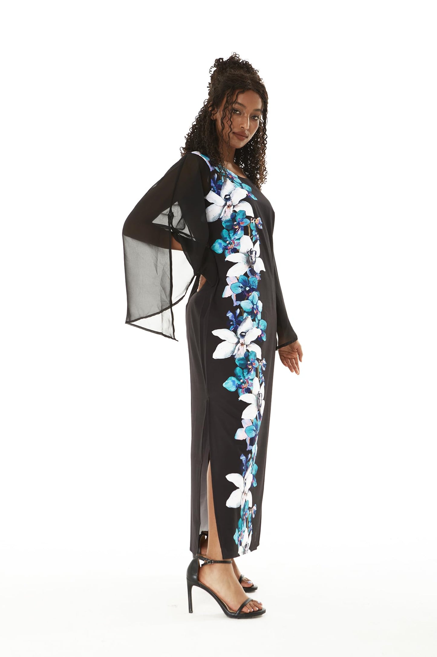 Matchable Family Hawaiian Luau Maxi Tank Dress, Watercolor Orchid Black Turquoise, Women, Large