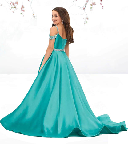 Jirocum Flower Girls Satin Rhinestone Pageant Dresses Princess A Line Floor Length Formal Wedding Party Communion Gowns,Jade Blue,2