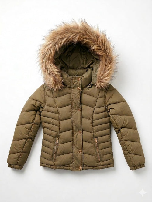 24-Pack Girls’ Fashion Puffer Jacket, Faux Fur Trimmed Hood, Wholesale Winter Coat Bundle, Assorted Colors, Assorted Sizes 4-14 (Dark Khaki Sizes 4-14)