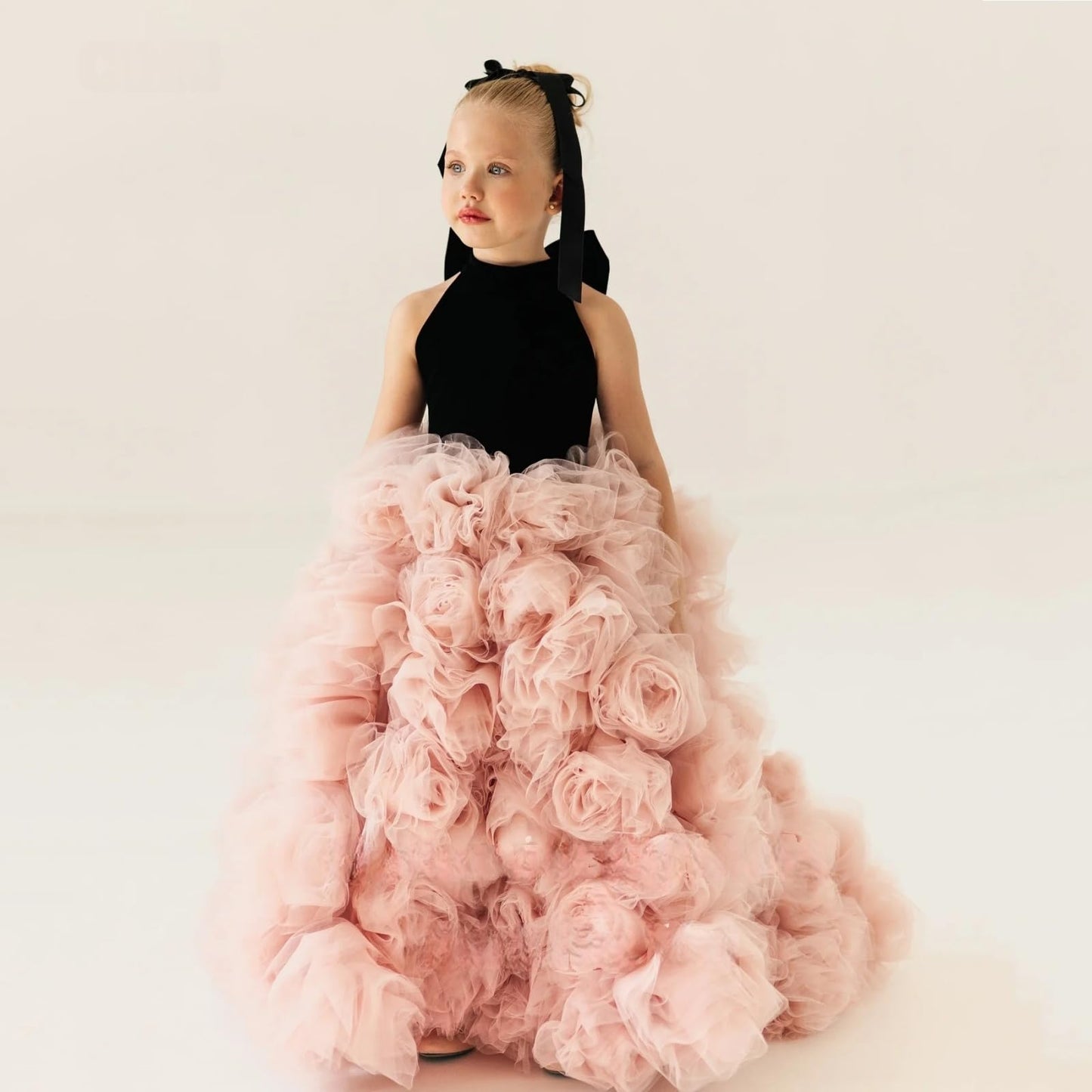Dinjicun Tulle Flower Girls Dress High Neck A Line Ball Gowns Princess 3D Flowers Kid Birthday Party Dresses