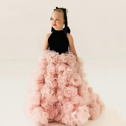 Dinjicun Tulle Flower Girls Dress High Neck A Line Ball Gowns Princess 3D Flowers Kid Birthday Party Dresses