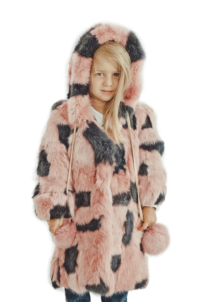 Rabbit Fur Coat for Girls Toddler Winter Jacket Windbreaker for Boys and Girls (Pink/Gray)