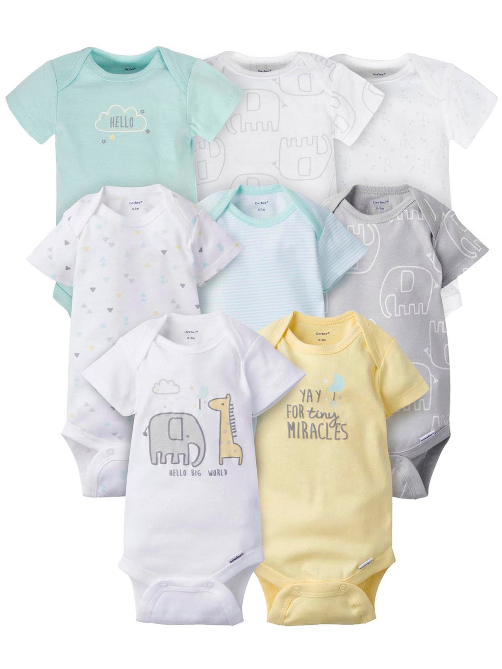 Gerber Baby 8-Pack Short Sleeve Onesies Bodysuits, Animals Green, 0-3 Months