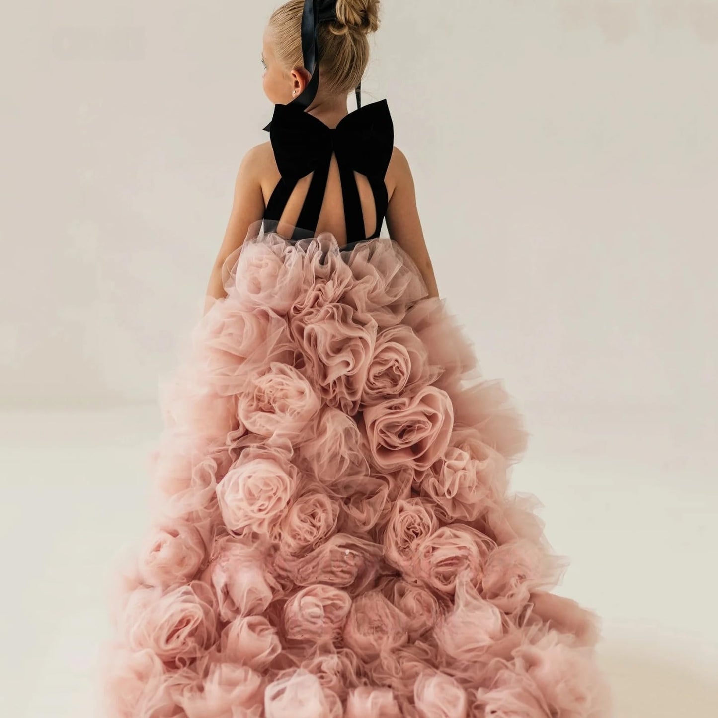 Dinjicun Tulle Flower Girls Dress High Neck A Line Ball Gowns Princess 3D Flowers Kid Birthday Party Dresses