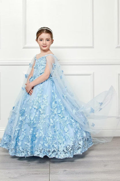 3D Butterfly Flower Girl Dresses with Detachable Cape Spaghetti Strap Girls Pageant Dress Beaded Kids Ball Gown for Girls CT38-10