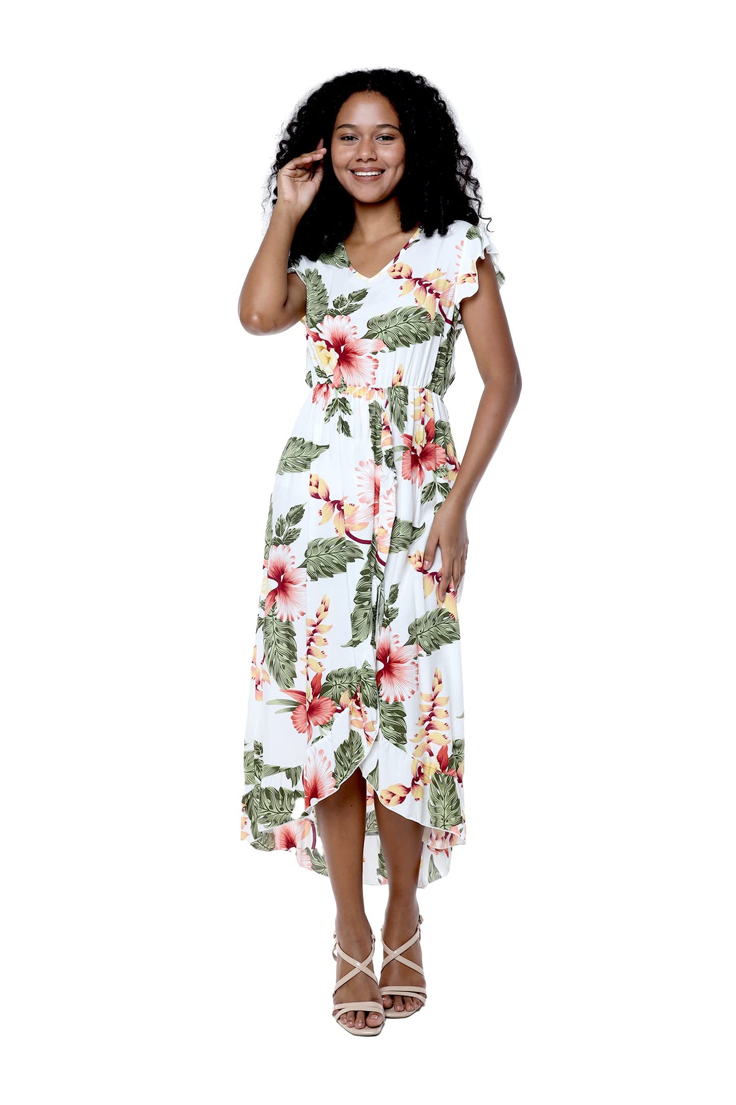 Matchable Family Hawaiian Luau Wrap Ruffle Dress, Cream Rafelsia, Women, Large