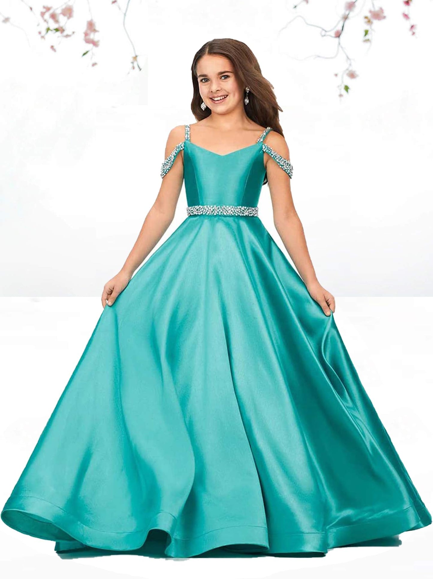 Jirocum Flower Girls Satin Rhinestone Pageant Dresses Princess A Line Floor Length Formal Wedding Party Communion Gowns,Jade Blue,2