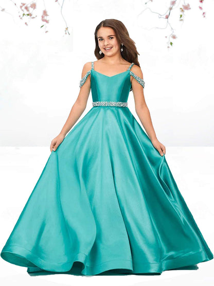 Jirocum Flower Girls Satin Rhinestone Pageant Dresses Princess A Line Floor Length Formal Wedding Party Communion Gowns,Jade Blue,2