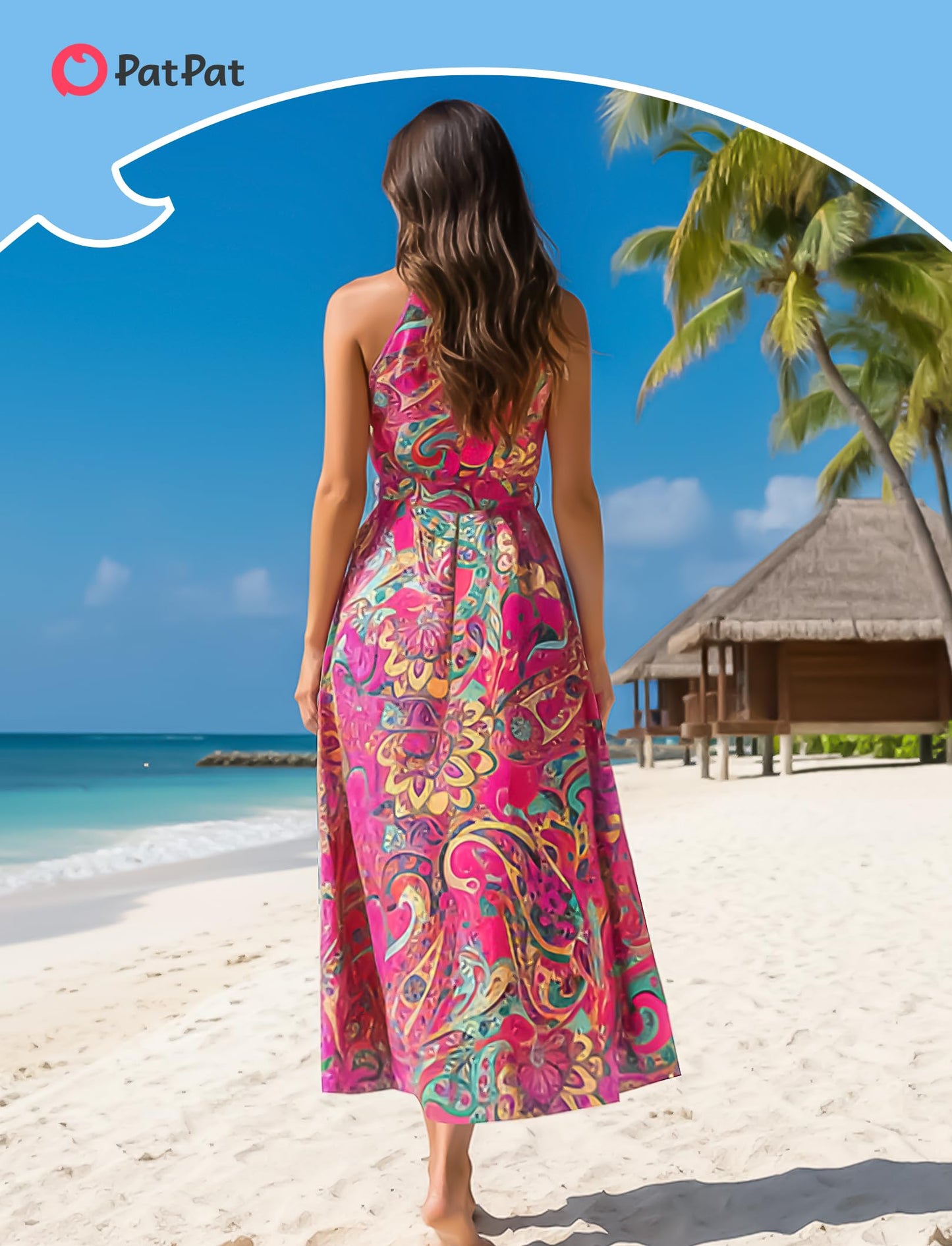 PATPAT Mommy and Me Outfits: Family Hawaiian Matching Outfits - Matching Family Tropical Floral Print Outfits Boho Midi Sundress for Women Summer Beach Cruise Vacation Picnic Hot Pink Women XL