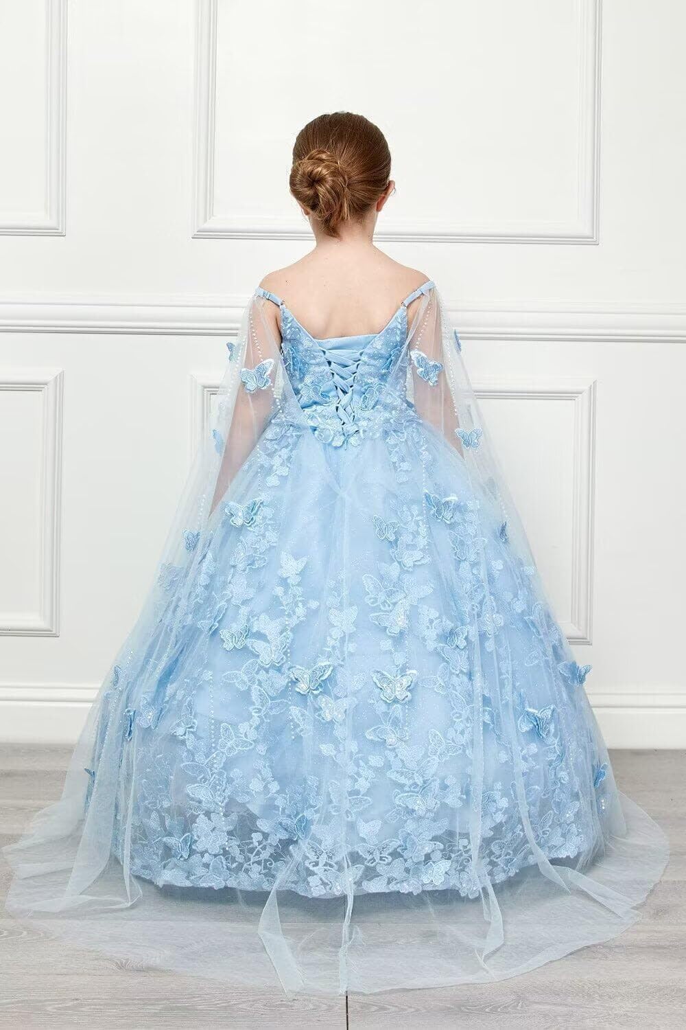 3D Butterfly Flower Girl Dresses with Detachable Cape Spaghetti Strap Girls Pageant Dress Beaded Kids Ball Gown for Girls CT38-10