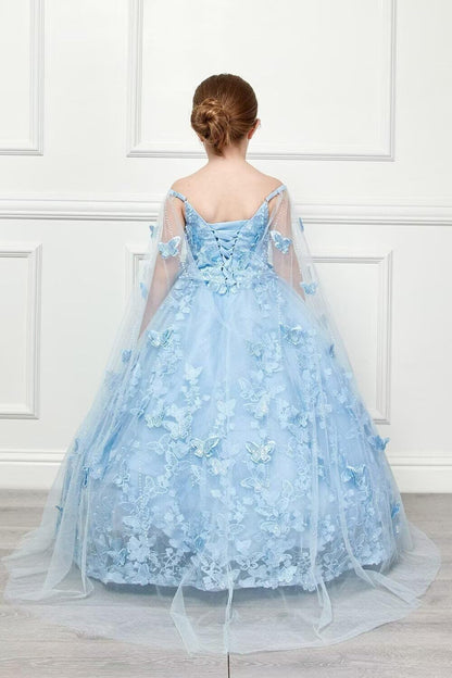 3D Butterfly Flower Girl Dresses with Detachable Cape Spaghetti Strap Girls Pageant Dress Beaded Kids Ball Gown for Girls CT38-10