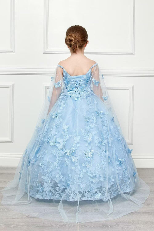 3D Butterfly Flower Girl Dresses with Detachable Cape Spaghetti Strap Girls Pageant Dress Beaded Kids Ball Gown for Girls CT38-10