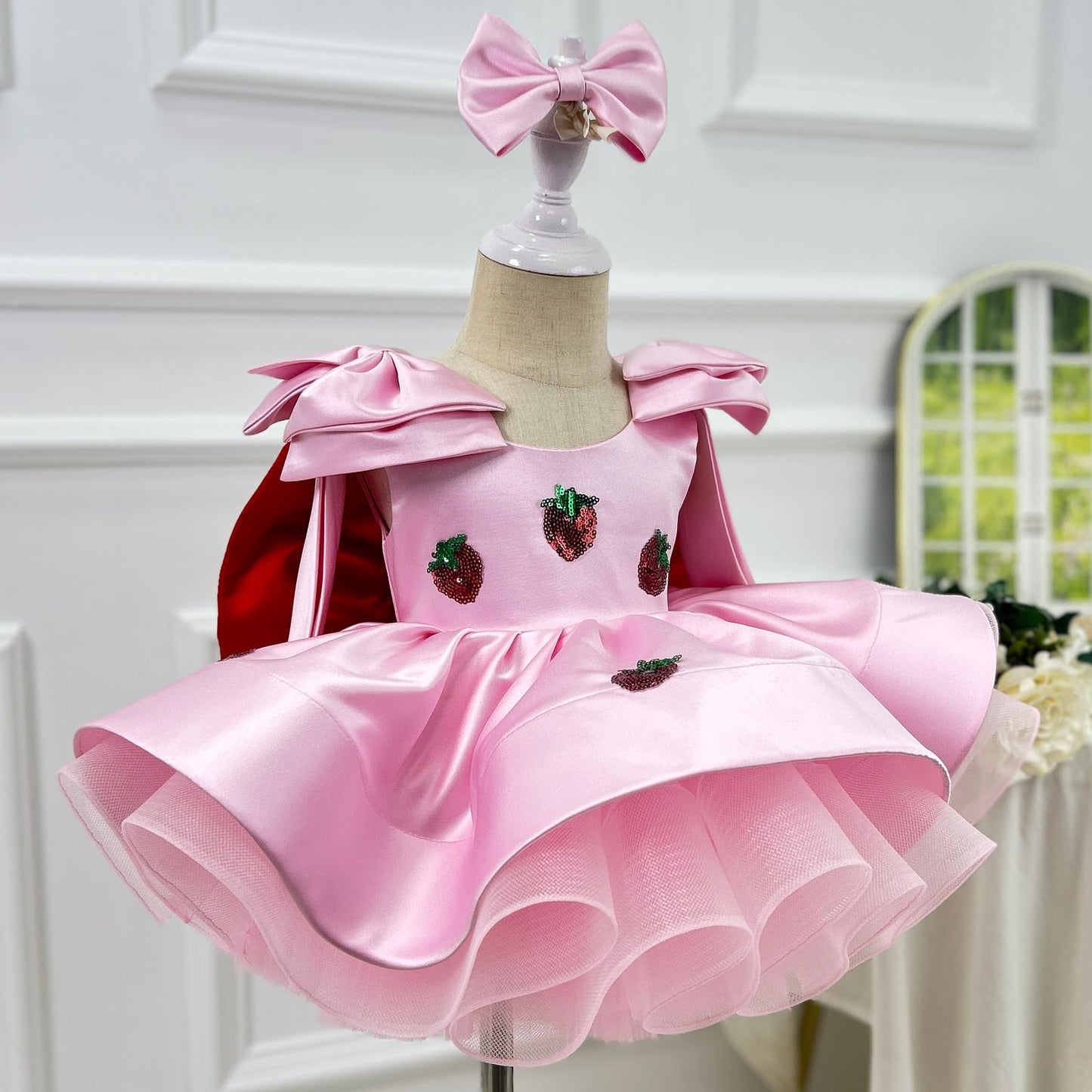 bluqulo Girls Pink Strawberry Princess Dress – Silky Satin, Layered Tulle, Birthday/Party/Pageant Dress with Pink Bow and Matching Headband
