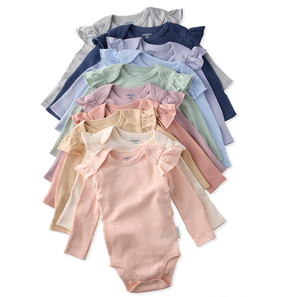 Butterblu Ashley 10-Pack Long Sleeve Ruffle Shoulder Bodysuits 100% Organic for Baby Girls, Sorbet Frost Rainbow, 0-3 Months