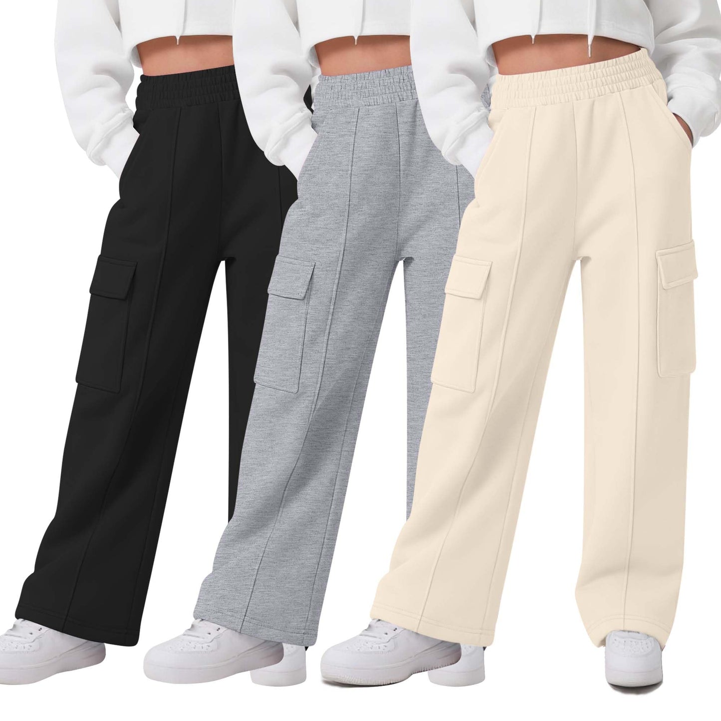 LessonZoo 3 Pack Girls Wide Leg Sweatpants Cargo Pants High Waisted Baggy Causal Loose Kids Elastic Waistband Pants Joggers(White, Light Gray, Black,9-10 Years)