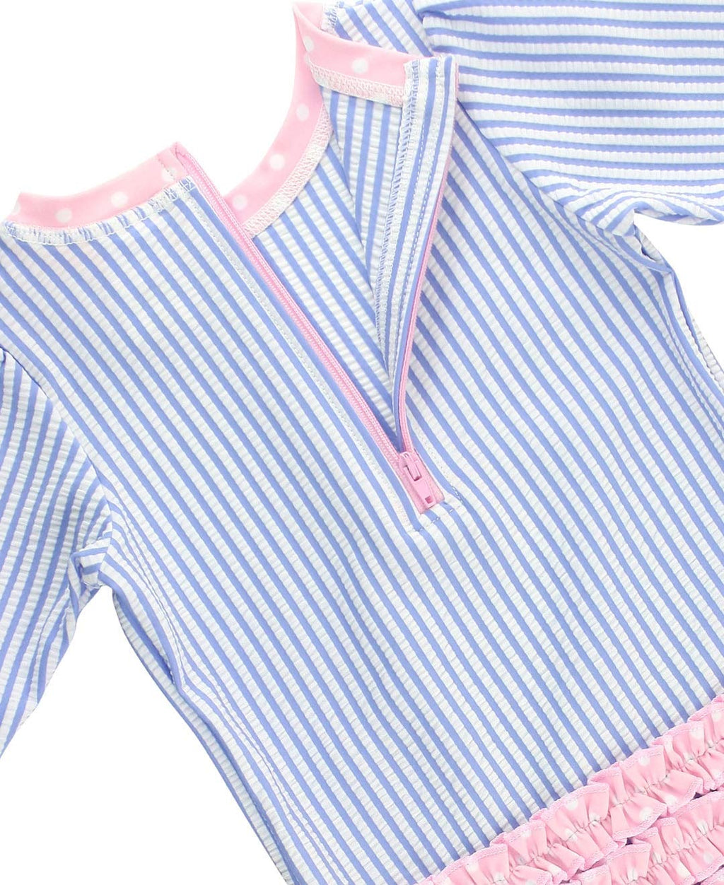 RuffleButts Baby-Girls Seersucker Long Sleeve Rash Guard - One Piece Swimsuit UPF 50+ Toddler