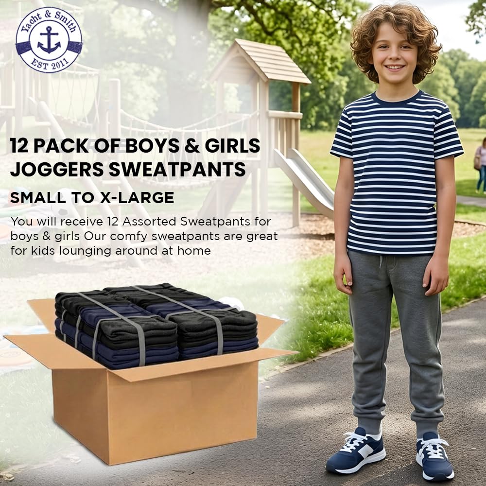Yacht & Smith 12 Pack of Boys Jogger Bulk Sweatpants, Comfy Lounge Joggers for Kids (Assorted Medium)