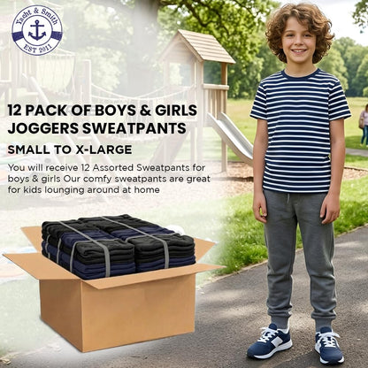 Yacht & Smith 12 Pack of Boys Jogger Bulk Sweatpants, Comfy Lounge Joggers for Kids (Assorted Medium)