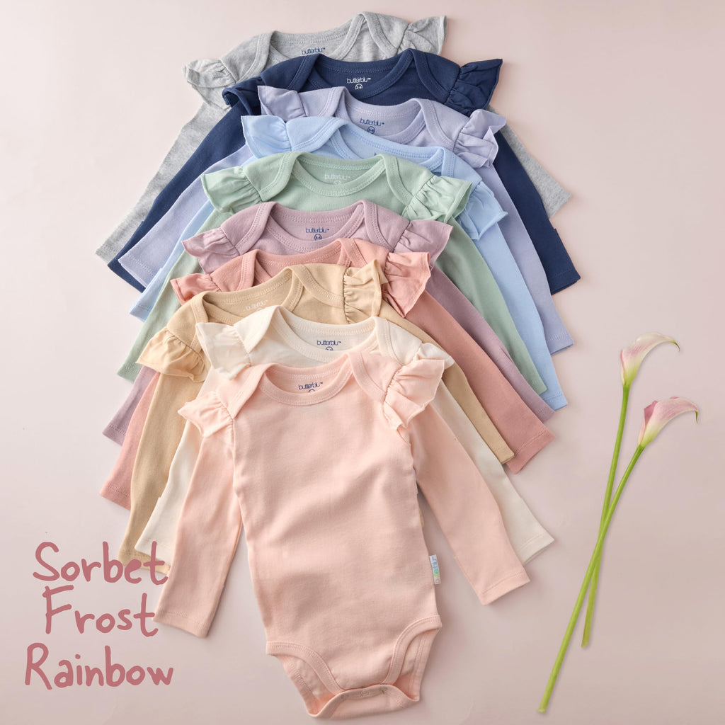 Butterblu Ashley 10-Pack Long Sleeve Ruffle Shoulder Bodysuits 100% Organic for Baby Girls, Sorbet Frost Rainbow, 0-3 Months